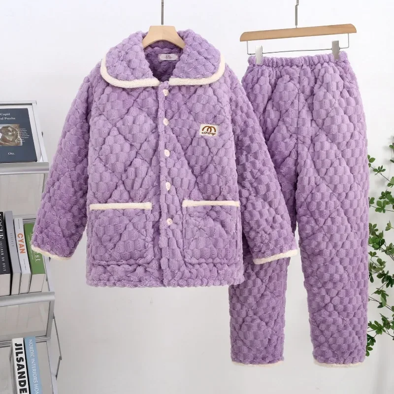 Winter Female Pajamas Women Thickened Plush Loungewear Coral Velvet Warm Three-layer Sleepwear Cotton Casual Flannel Homewear