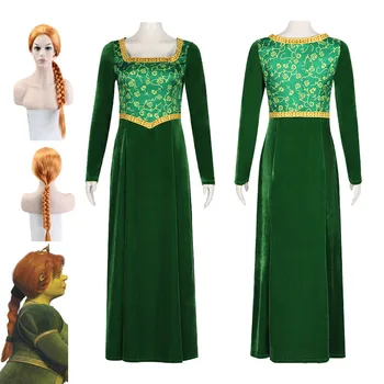 Anime Princess Fiona Green Dress Long Ponytail Wig Outfit Shrek Cosplay Palace Retro Long Dress Halloween Fancy Suit for Woman