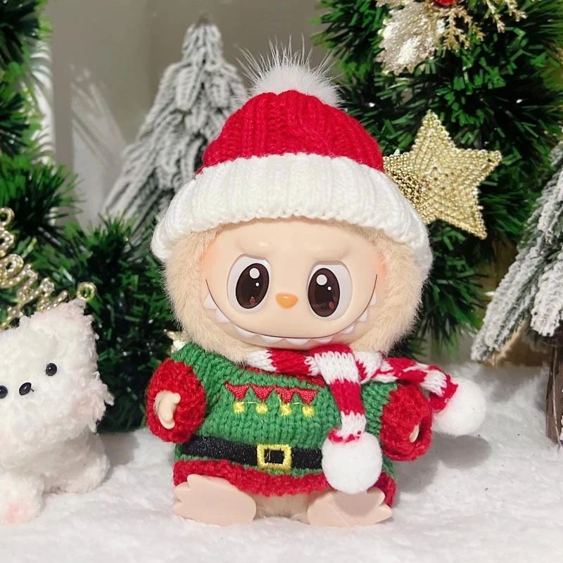 17cm Labubu Christmas Costumes Cute Mini Plush Doll's Clothes Outfit Accessories For The Monster Sweater Hat Snowman Tree E03F