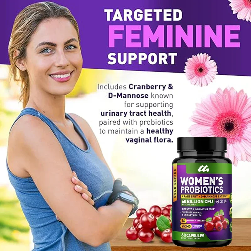 Female probiotics - containing cranberry, D-mannose, and prebiotics - non GMO, dairy, and gluten -60 capsules vegetarian