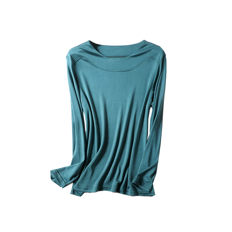 Woman Casual T Shirts Basic Slash Neck Long Sleeves Real Silk Blend Cozy Tee 2023 Spring Summer New Chic Top Green DALINN