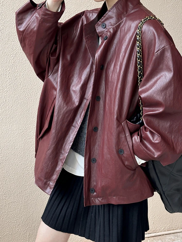 ZMEENNA Vintage Stand Neck Pu Leather Jackets For Women Single Breasted Long Sleeve Office Lady Coats 2024 Autumn New ZM504