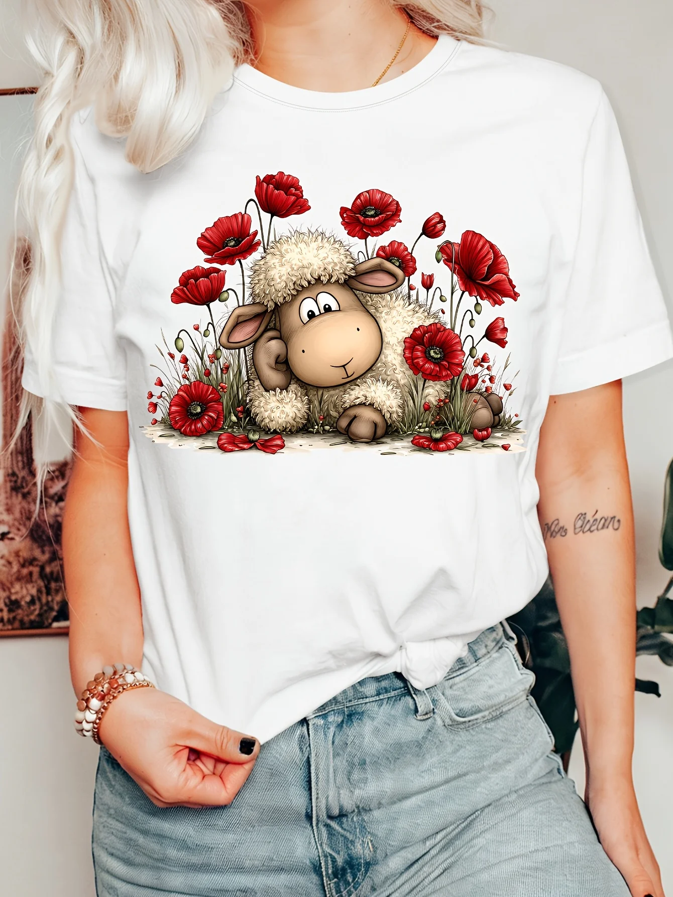 Cartoon Sheep Red Poppy Flowers Womens T Shirt Cute Farm Animal Graphic Tee Short Sleeve Casual Daily Holiday Ladies Tops