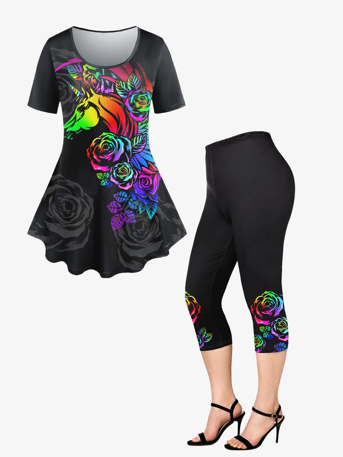 ROSEGAL Plus Size 3D Impressão Tee e Capri Leggings Combinando Set para As Mulheres Borboleta Padrão Floral Outfits OverSize Graphic Cloth