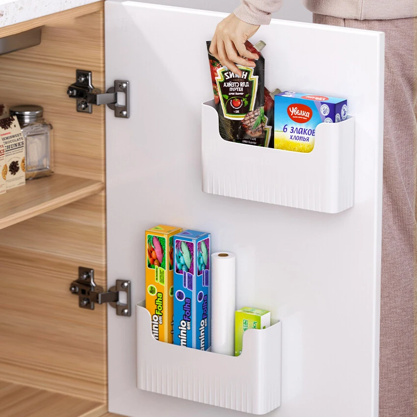 Kitchen Cabinet Door Storage Box Cling Film Holder Wall Mounted Basket Artifact Tool Household Sundries Collection Organizer Box