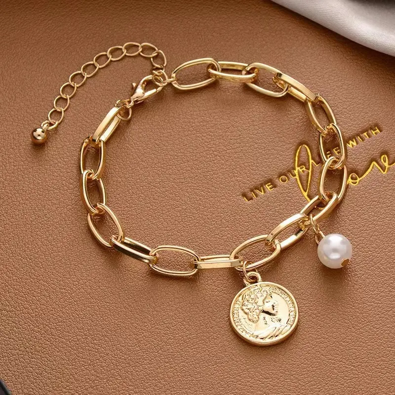 1pcs Gold-color Bracelet Ladies Simple Style Thick Cross Chain With Love Human Head Cross Pearl Pendant