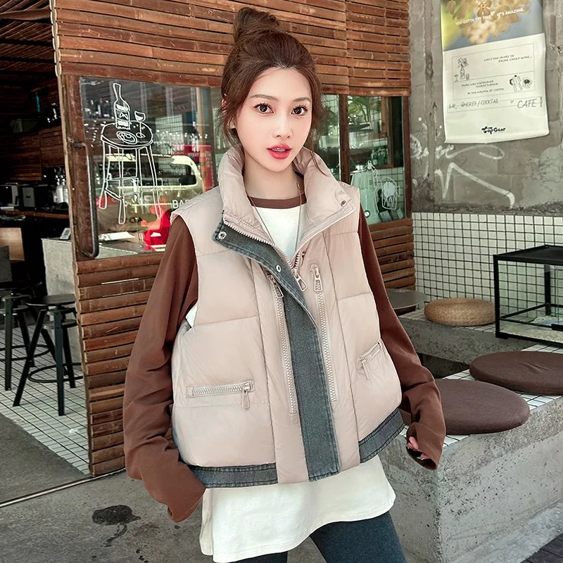New Loose Cotton Vest Denim Patchwork Stand Collar Autumn Winter Cotton Vest Down-Filled Cotton Waistcoat Women's Outerwear