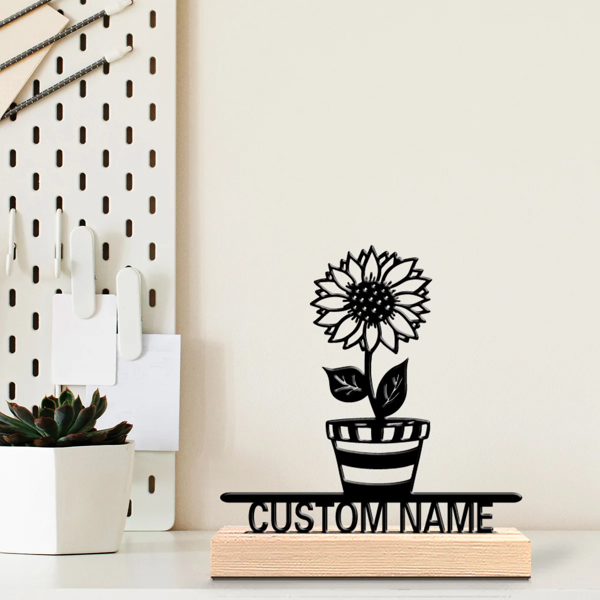 1pc Simple flower Customized Name Metal Statue Metal Ornament Art Crafts With Wood Base Metal Ornament For Children Gifts