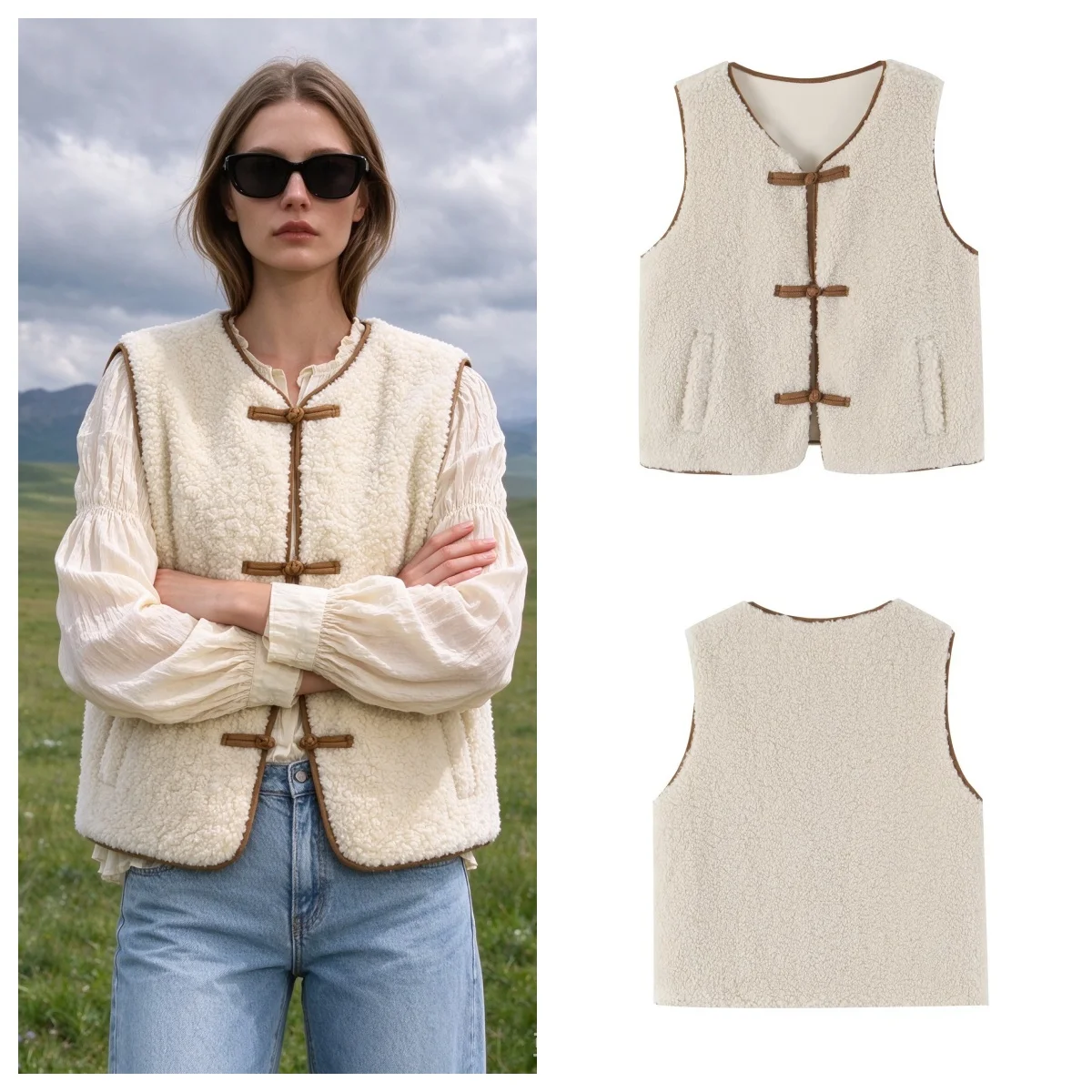 Guobioziy Women's Vest 2026 Fall/Winter New Beige Sleeveless Lambswool Button-Decorated Jacket Warm and Stylish