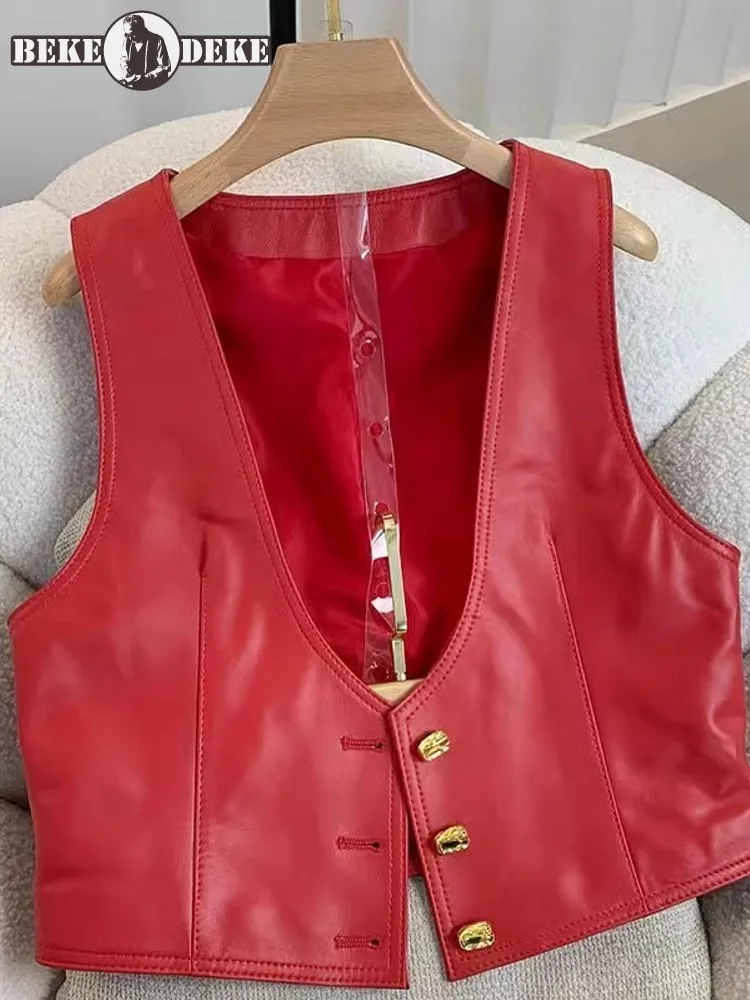 Elegant Genuine Leather Women Vest Spring Autumn Single Breasted Real Leather Sleeveless Jacket Office Lady Hot Sale Waistcoat