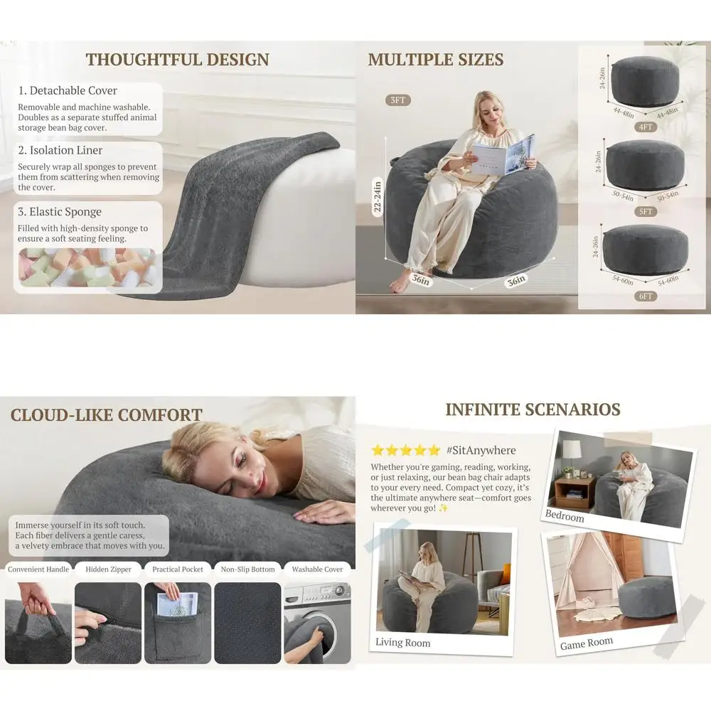 

Luxury Velvet Memory Foam Bean Bag Chair for Adults with Removable Cover, Suitable for Living Room or Bedroom, Available in Grey