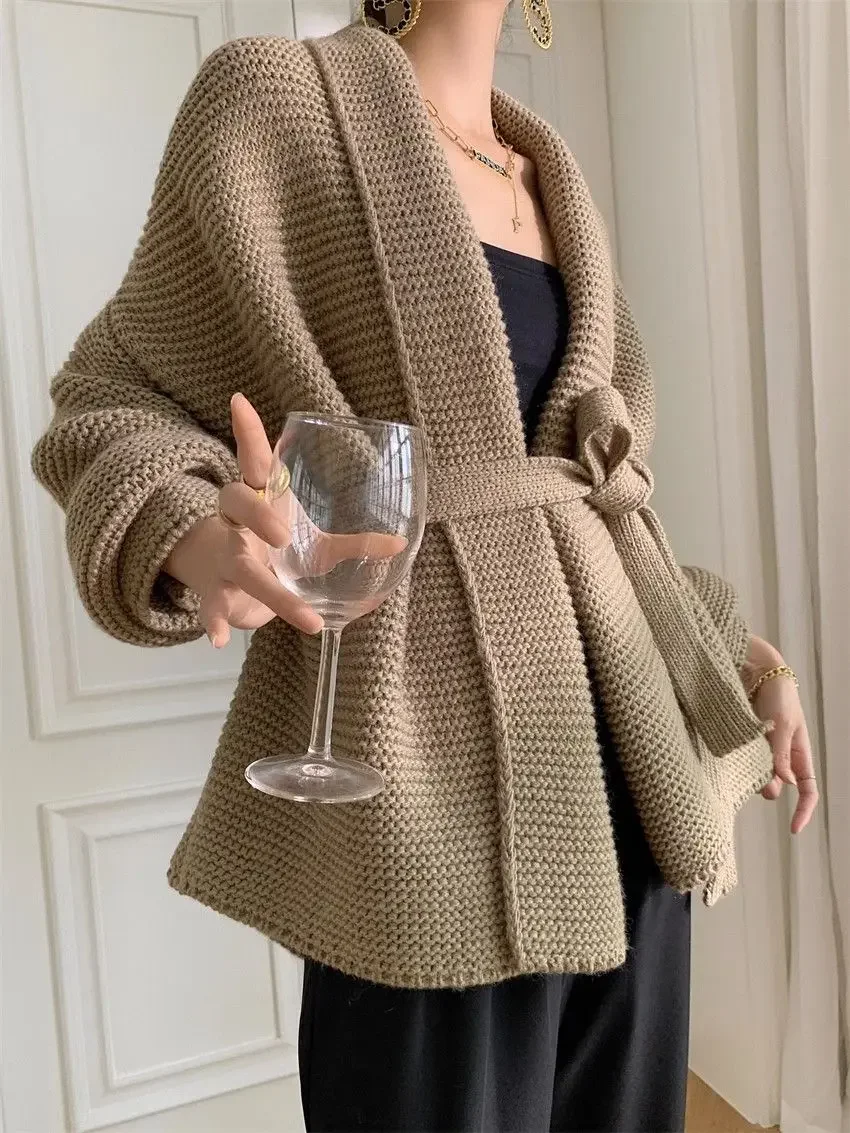 Knitted Cardigan Women\'s 2024 Autumn Winter New Korean V-neck Waistband Tie Up Slimming Loose Ins Western-style Sweater Jacket