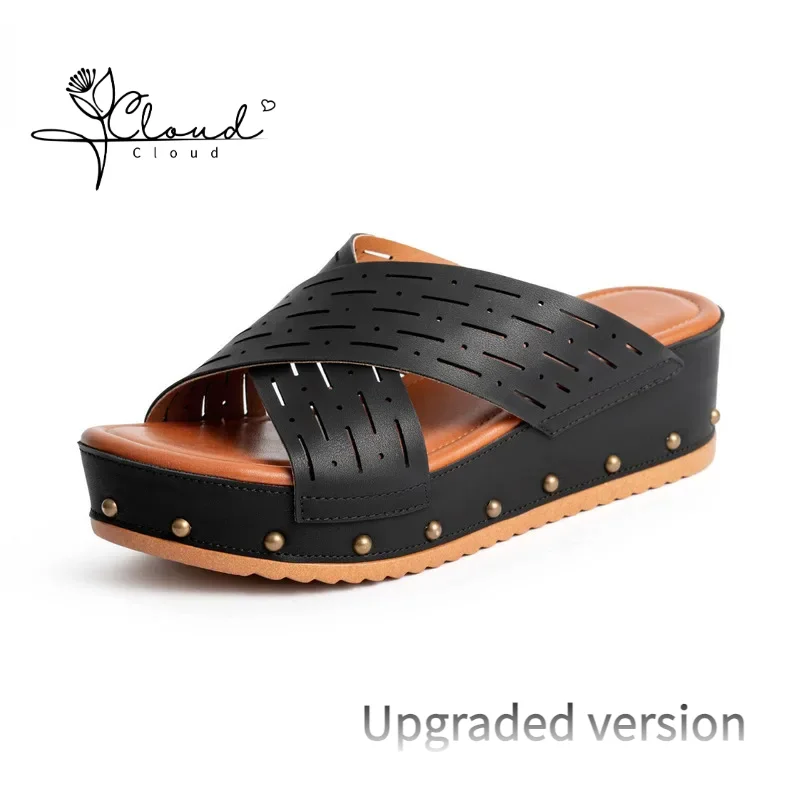 

Large Size Women Sandals New Casual Fish Mouth Cross Strap Hollowed High Heel Women's Thick Sole Slippers Atmosphere Exquisite