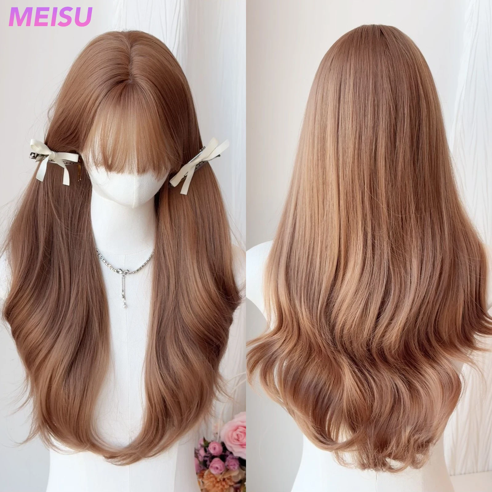 MEISU 26 Inch Long Wave Bangs Wig Rose Brown Fiber Synthetic Heat-resistant Soft Wave Hair Sweet And Natural Party or Selfie
