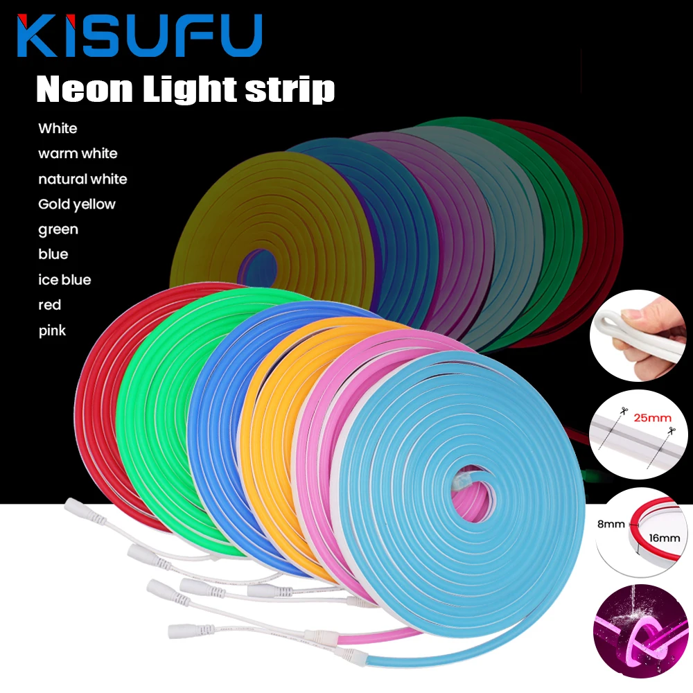 

5M 50M 100M 12V Silicone Neon Led Strip Light Waterproof 6X12mm Flexible Ribbion Rope LED Strip 8 Colors For Room Car Decoration