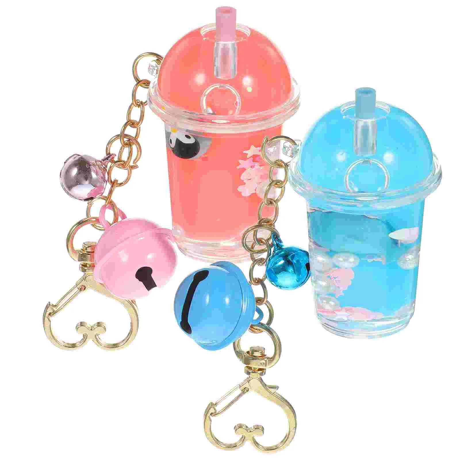 2 Pcs Milk Tea Cup Pendant Fashion Hanging Ladies Wallets Mini Bottle Keychain Quicksand Liquid Ring Travel Keyring