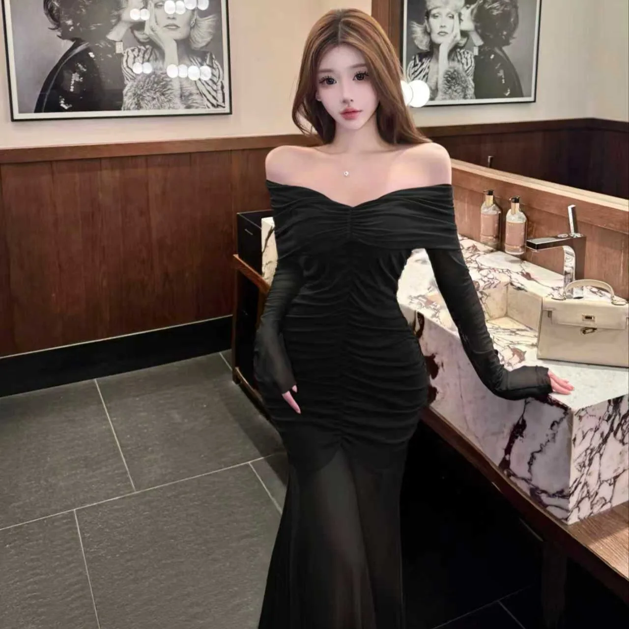 Ele Long Sve Me Dr oulder Bared voor verjaardag Par herfst high-end luxe Sweet Sle Princ baljurk