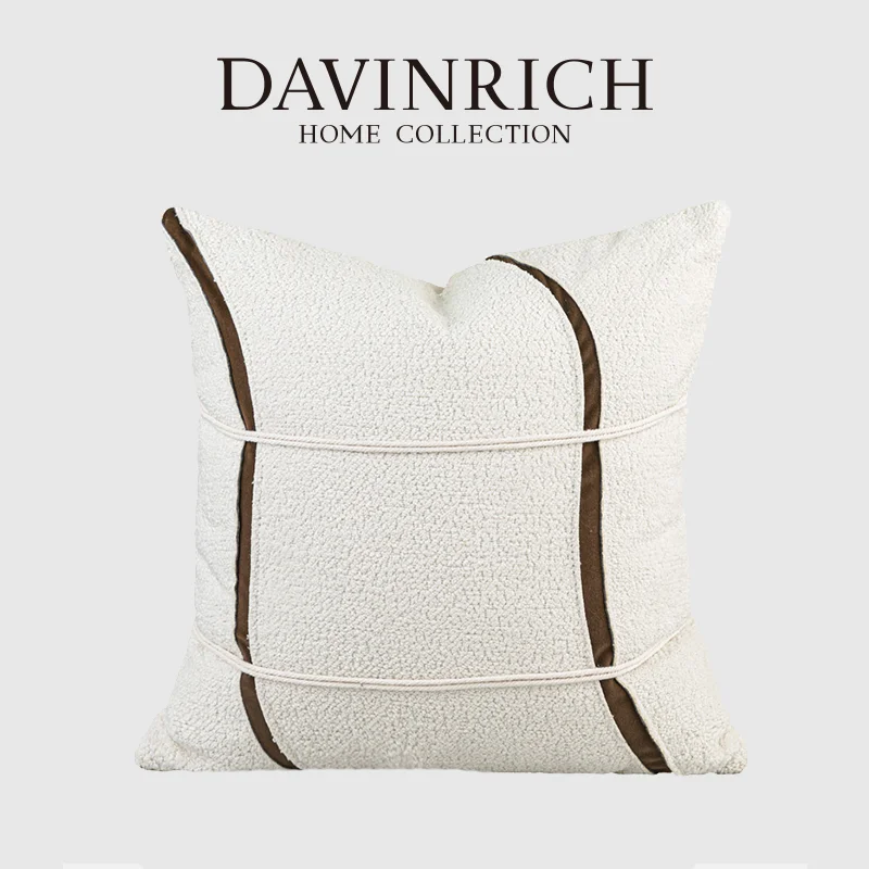 DAVINRICH Wabi Sabi Decorative Pillow Cover White Boucle And Dark Brown Fabric Splice Cushion Case For Luxury Classy Model Room