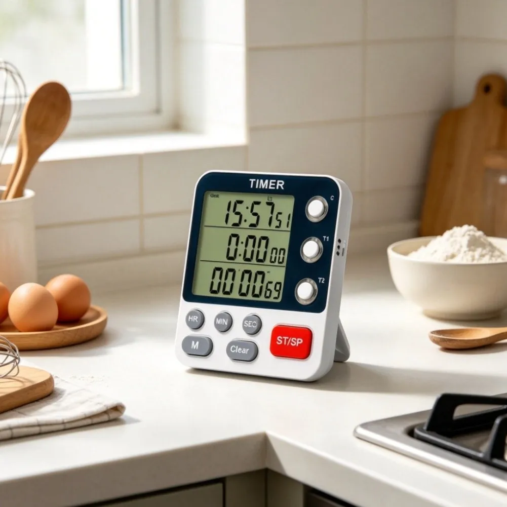 3 Channel Timer with Magnetic Mount Retractable Stand Hanging Hole and Easy Press Buttons White ABS  3 Channel