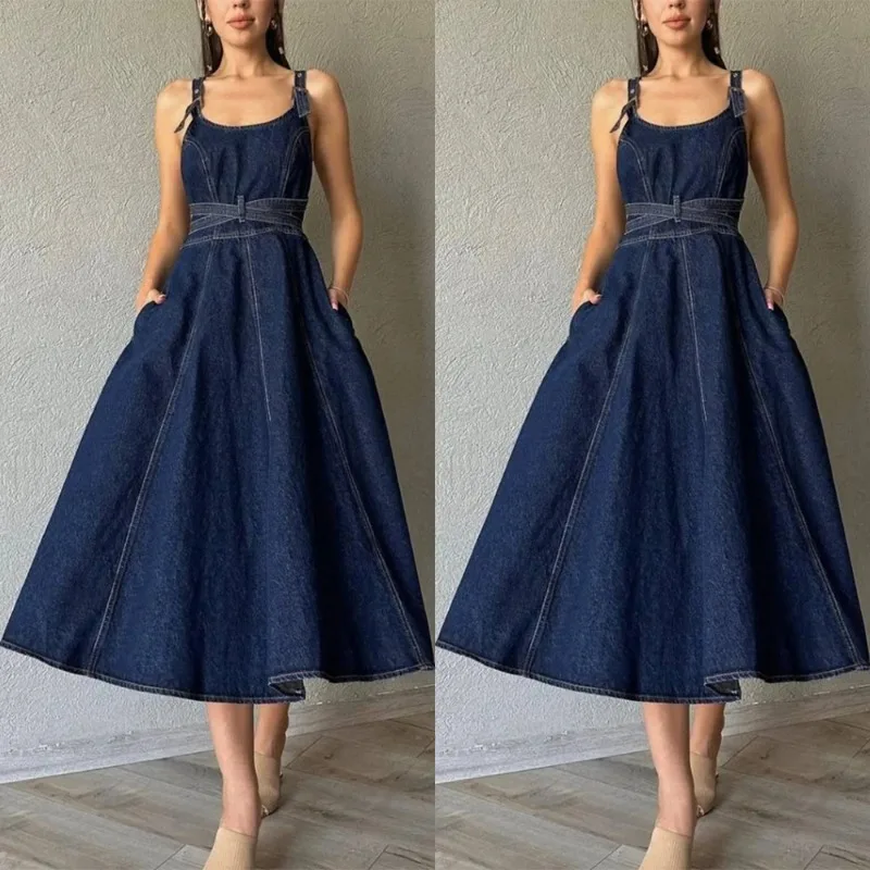 

Dark Blue Dress Elegant Solid Color Waist Cinching Strap Denim Mid Length Dress