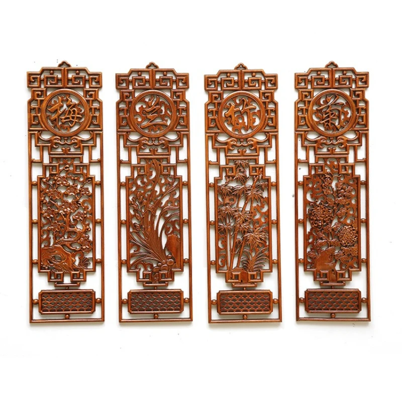Solid wood decorative wood carving pendant camphor wood living room wall hanging meilan bamboo chrysanthemum strip