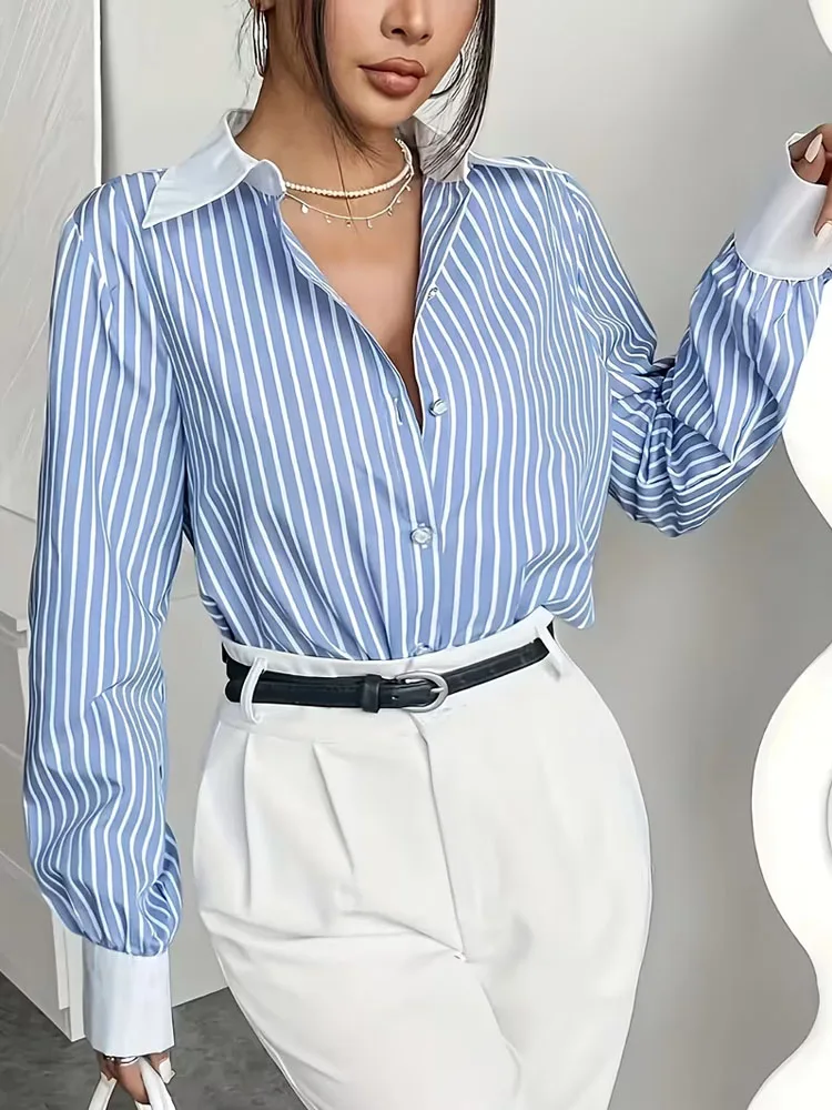 New Plus Size Contrast Collar Cuff Blue-White Striped Long-Sleeve Shirts Big Size Elegant Women's Blouses Deals Large Size Tops