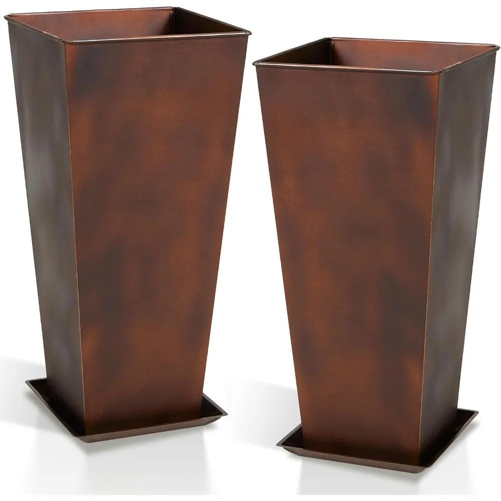 

Worth Garden 12" Dia x 28" H Large Metal Planter Set of 2, Matte Bronze Retro Finish Tall Square Tapered Steel Plant Pots, Decor