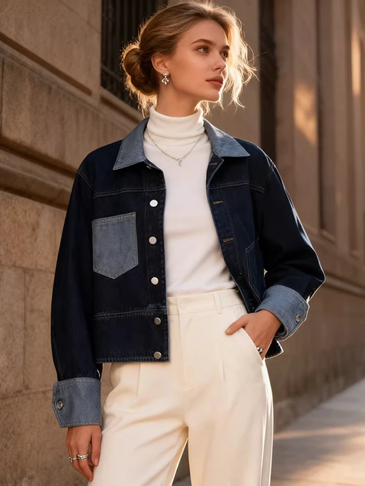 

Ретро джинсовая куртка с цветными вставками и воротником, женская, свободного кроя, повседневная, модная, осенне-зимняя верхняя одежда