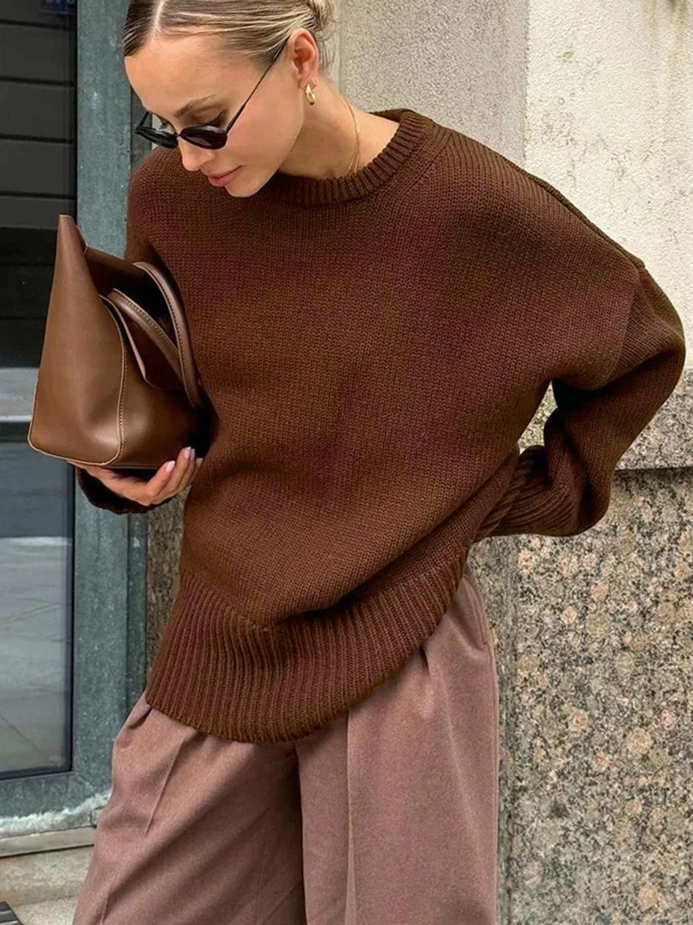 

Свободный вязаный свитер с круглым вырезом, модный повседневный цветной худи, удобный теплый осенне-зимний женский вязаный топ