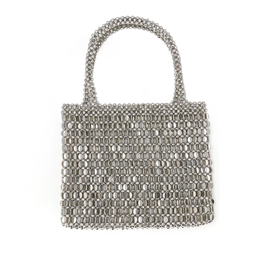 Women Silver Metal Evening Bags Sequins Chains Woven Totes Bag Hollow Out Clutch Purse Female Travel Hobos Shoulder Bag Handbags