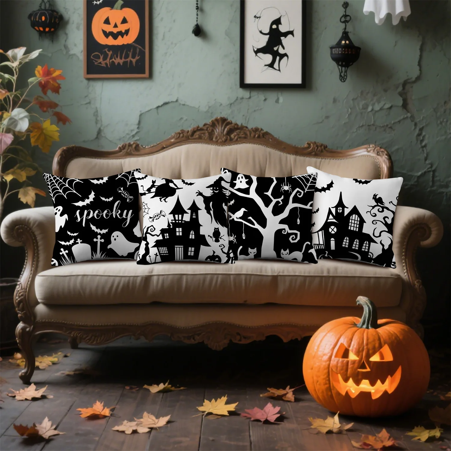 4pcs Spooky Halloween Throw Pillow Covers - White Bat, Ghost, Cross, Black Castle, Witch, Spider Designs - Polyester