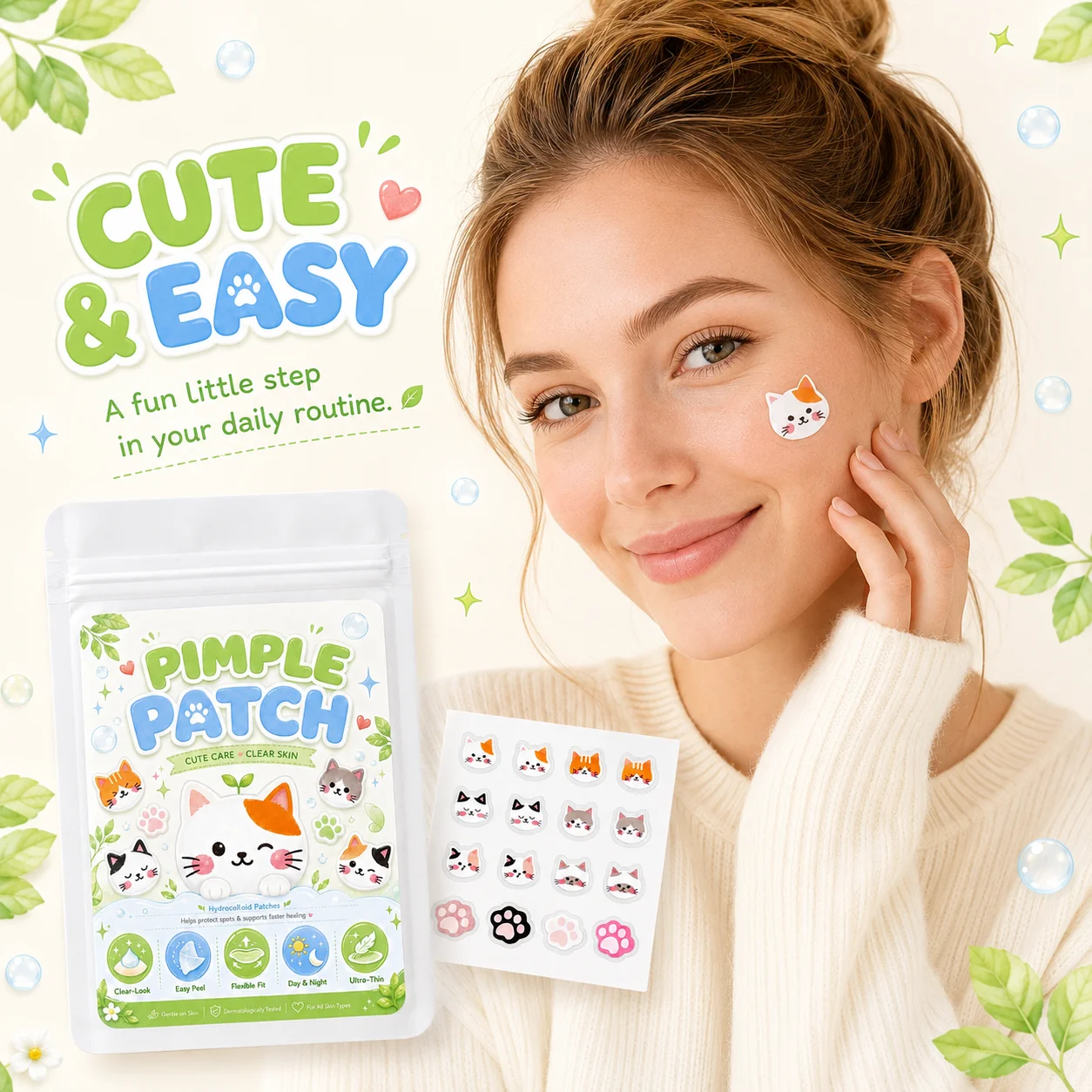 Acne Patches (80/160/300 Pieces), 20 per Sheet, Cat & Paw Prints—Lightweight, Skin-Friendly, Comfortable for Daily Wear