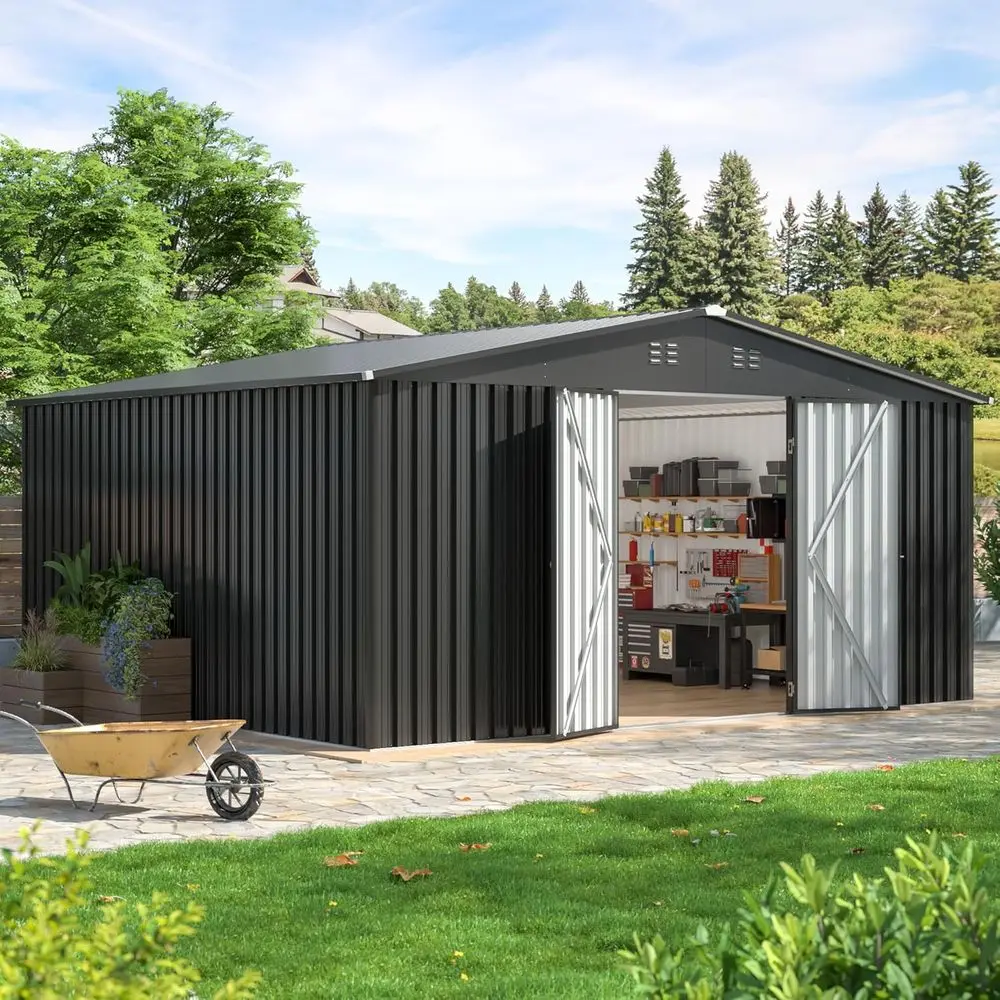 12x14ft Outdoor Metal Storage Shed - Waterproof Garden Utility Shelter with Lockable Door for Bikes, Tools, Patio, and Lawn