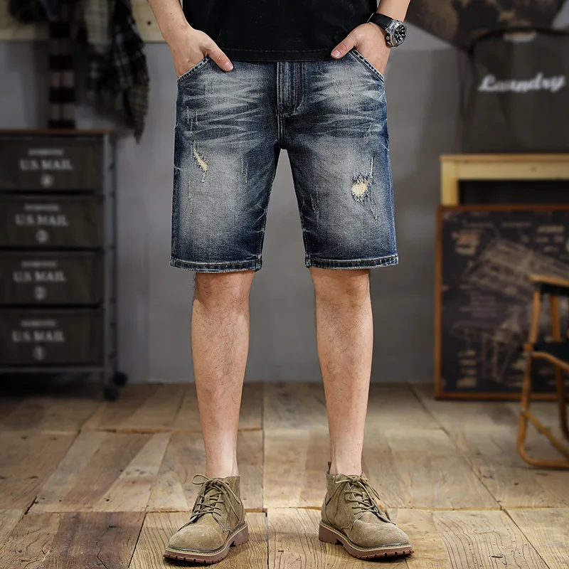 Summer Fashion Brand Retro Washed Scrape Ripped Denim Shorts Men's Slim Straight Shorts Ins Street Ruffle Handsome Middle Pants