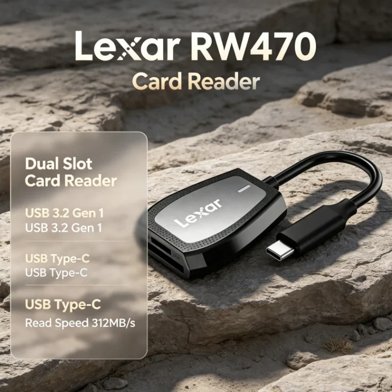 Lexar RW470 Card Reader 2-in-1 Type-C USB 3.2 Gen1 Dual Slot SD microSD UHS-II 312MB/s Read Speed for Photo Transfer