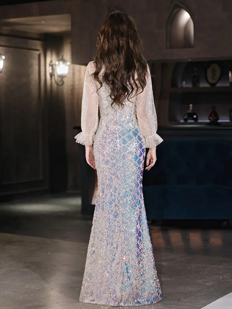 Sequined adult-style banquet fishtail light luxury niche haute couture tassel host heavy dress view 5