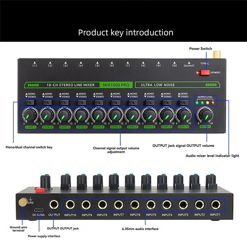 

B04B-Professional Audio Mixer 10 Channel Stereo Mixer With RGB Light & Ultra Low Noise DC5V Easy Operation