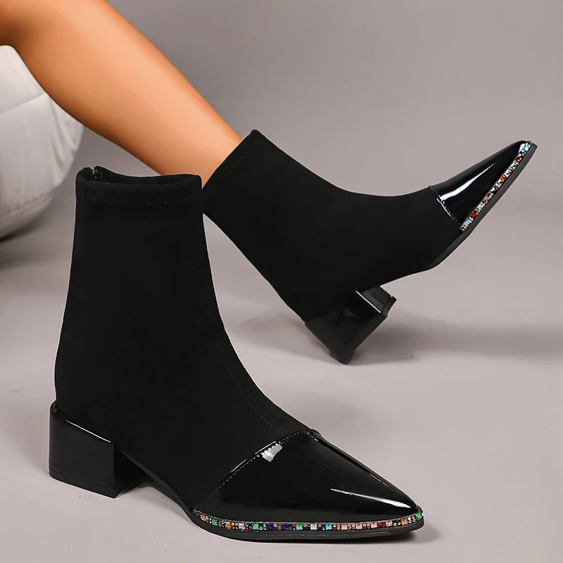 بلورات فاخرة أشار تو حذاء من الجلد النساء حجم كبير 42 عودة سستة كعب سميك أحذية امرأة موضة الجوارب القصيرة الدافئة Mujer #2