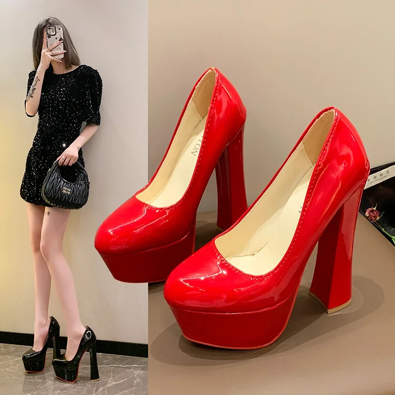 35-43 Big Size Women\'s High Heels Shoes Sexy Red Sole Thick 16cm High Heels Waterproof Platform Walking Club Single Shoes