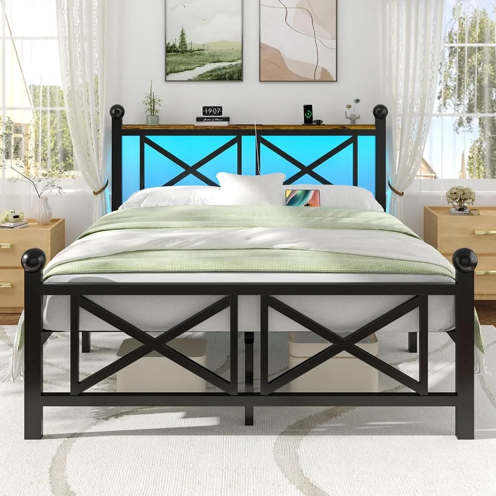 

Каркас кровати с изголовьем, изножьем и полкой для хранения, с LED-подсветкой и зарядной станцией, металлические ламели для поддержки, возможность индивидуальной настройки