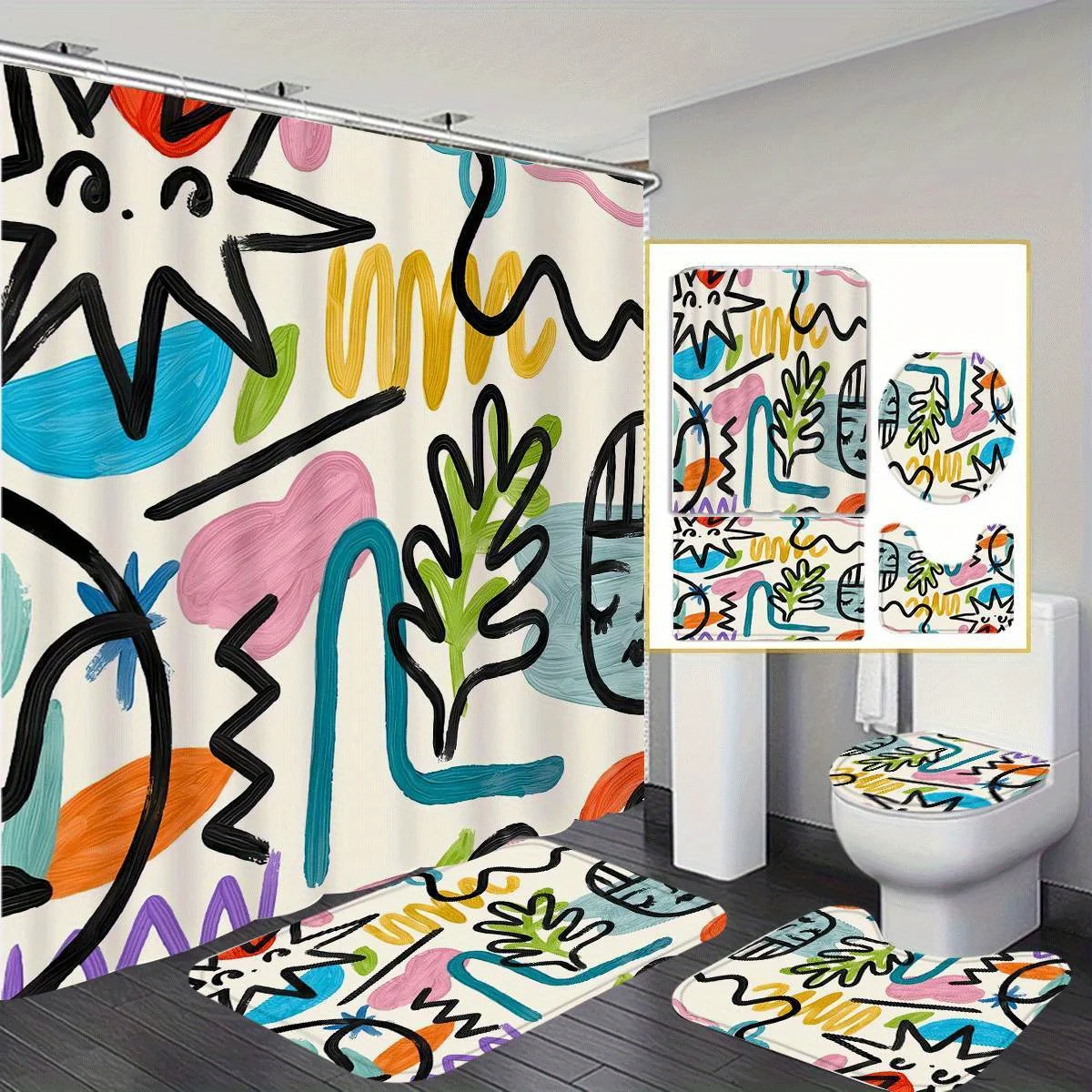 

Красочные клетчатые принты Полиэстер с рисунком, включает в себя комплект из 4 предметов, нескользящий коврик для ванной, U-образное сиденье для унитаза и 12 крючков — отлично подходит для