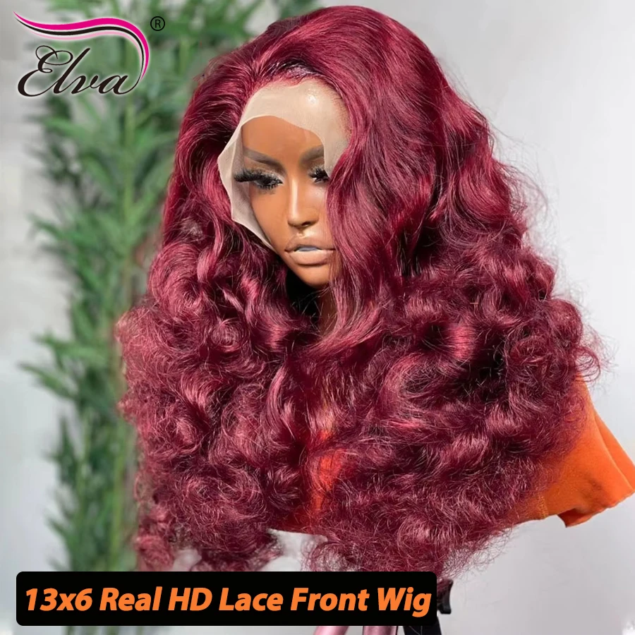 250% Плотность Бордовый 13x6 HD Бесклеевой парик на кружеве спереди Предварительно выщипанные человеческие волосы Готов к готовому 99J Цветные ультратонкие парики на шнурке HD