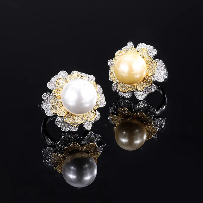 brand genuine Luxury real jewels 2022 New style Aobeimu pearl gold plated color separation inlaid diamond flower women's ring 14