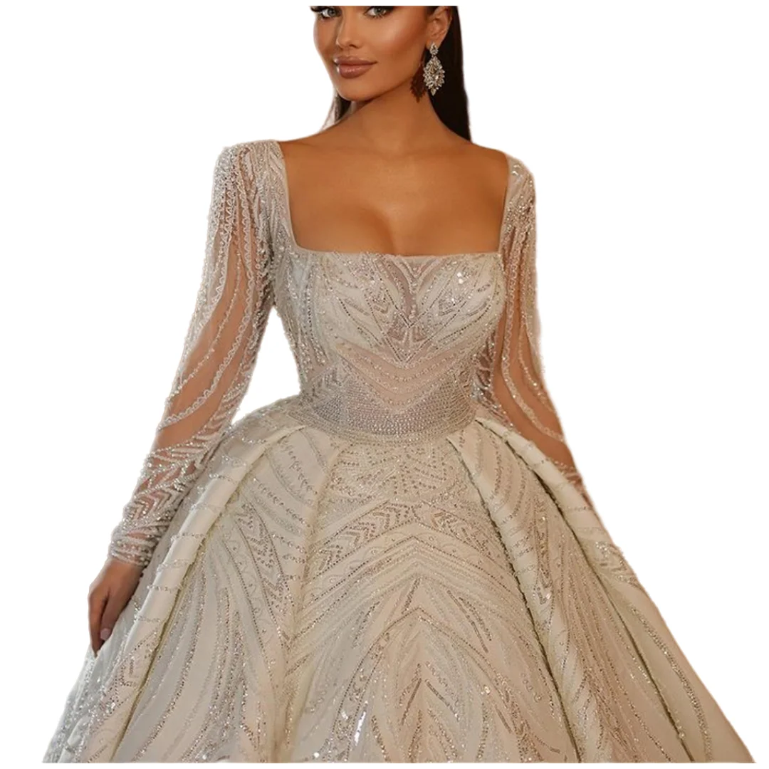 Elegant Square Collar Embroidered Wedding Gown With Long Sleeves Ballgown Bride Dresses Royal Waistline Luxury Bridal Gown