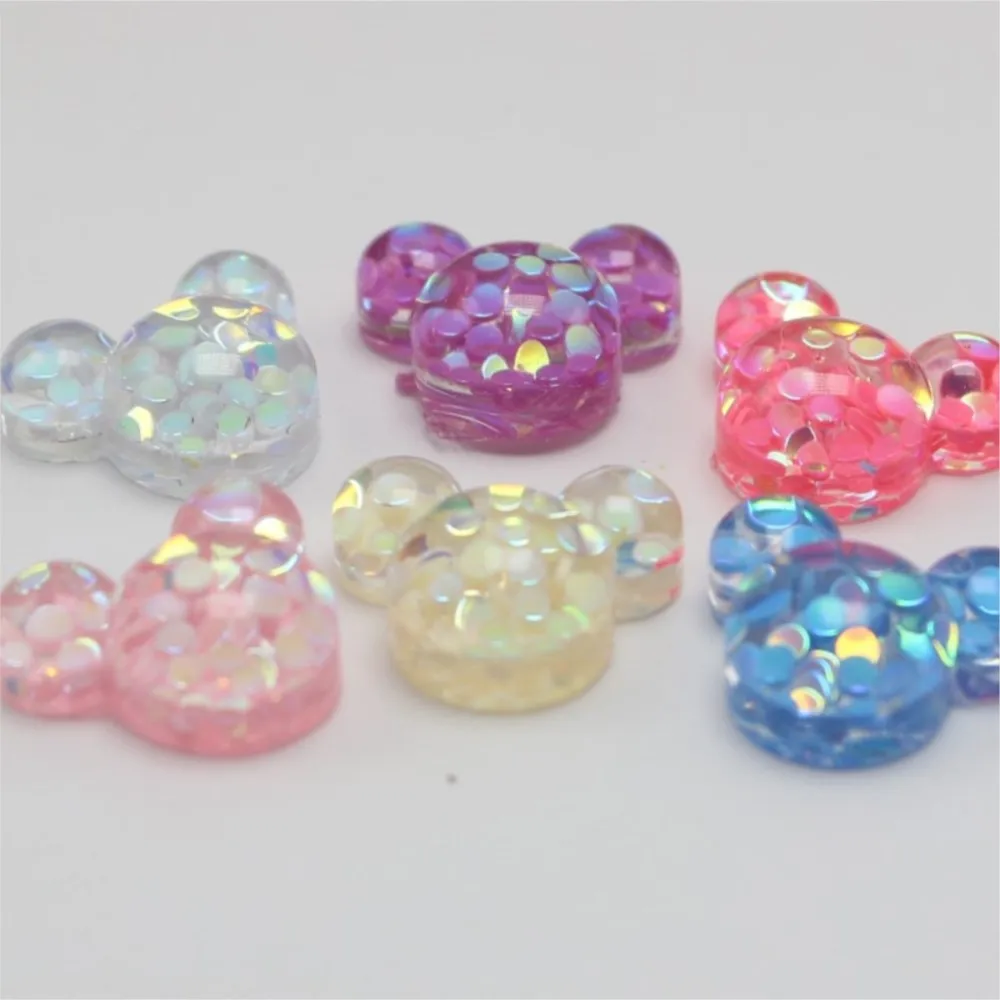 50 Mixed Color Flatback Resin Glitter Crystal Mouse Face Cabachons 15X13mm