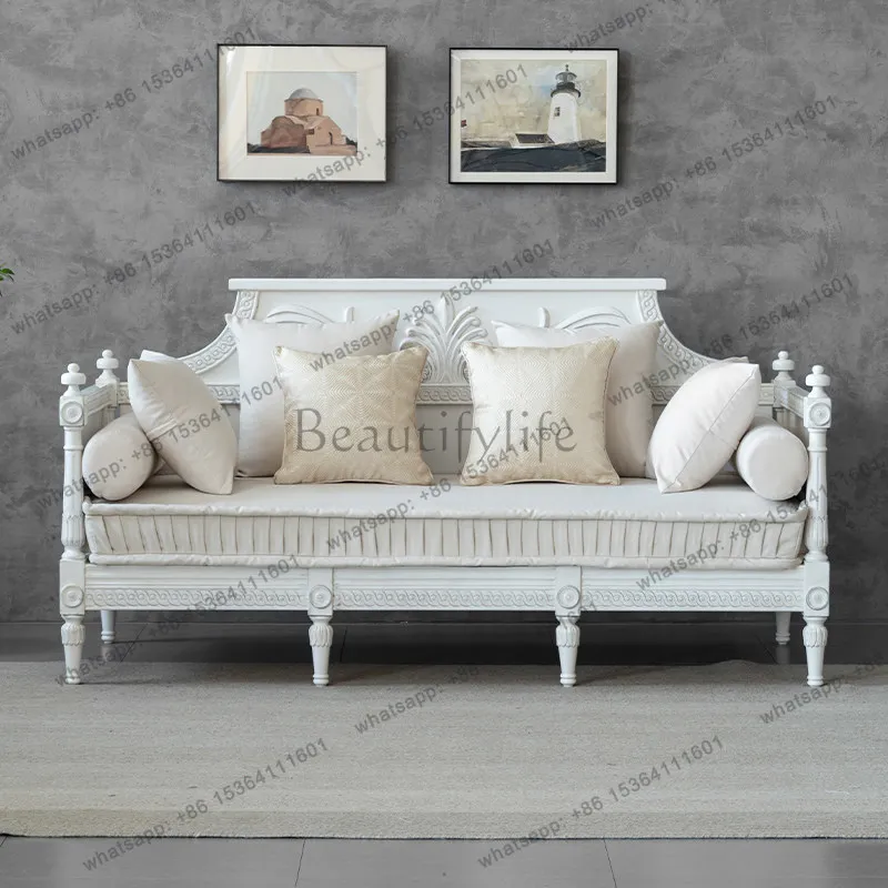 Solid wood living room three-person sofa combination French retro old fabric