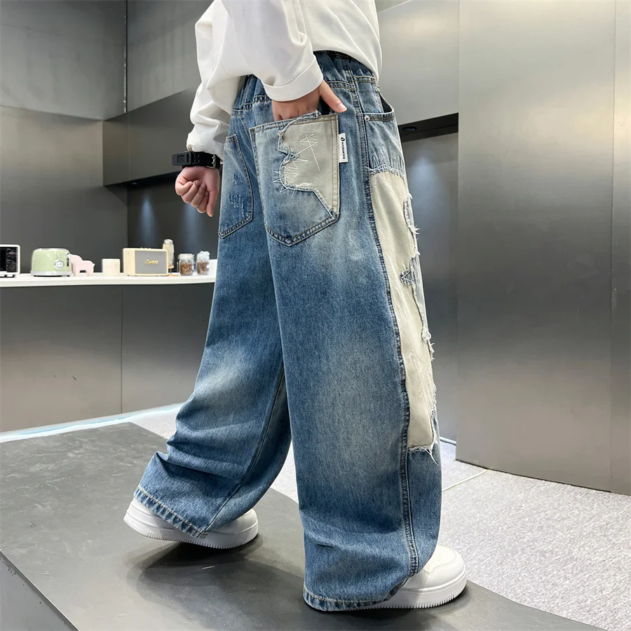 

Stylish Children Fashion Spring Autumn Patchwork Baggy Jeans For Boy Distressed Denim Pants Kids Teenager Loose Jeans Trousers
