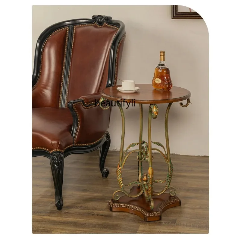 

A029 American retro solid wood small coffee table metal round edge table balcony coffee table