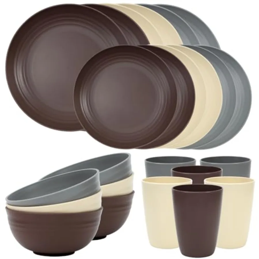 

24 Pcs Plates and Bowls Sets for 6, Unbreakable Dinnerware Sets, Dish Set for Camping, Dishwasher Microwave Safe, Outdoor Kitch