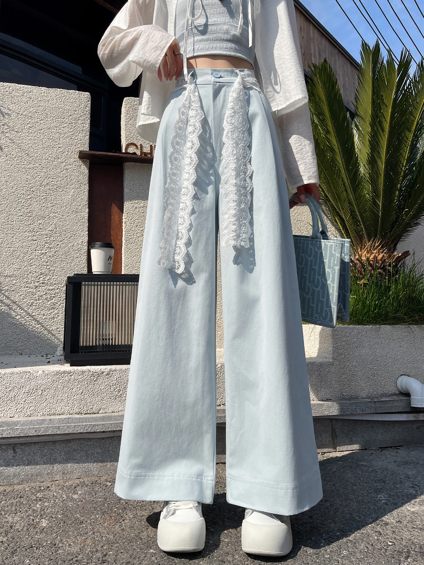 

Light Blue High Waist Wide Leg Pants with Lace Belt Casual Straight Cut Thin Cotton Summer Slimming Trousers for Women